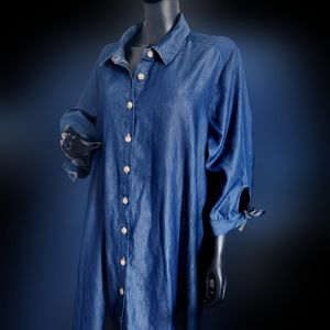 Mlle Gabrielle 2XL denim shirt dress, button up with tie peasant sleeve